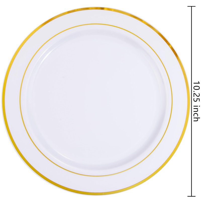 bUCLA 30PCS White and Gold Plastic Dinner Plates Disposable - 10.25inch Premium White Gold Rim Plates, Ideal for Wedding & Party