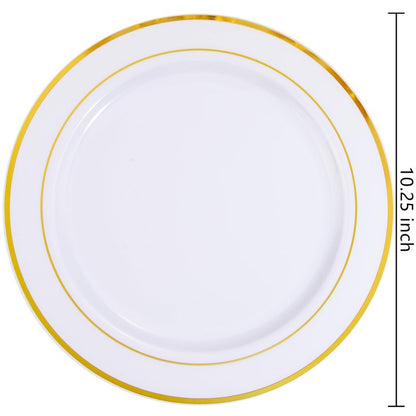 bUCLA 30PCS White and Gold Plastic Dinner Plates Disposable - 10.25inch Premium White Gold Rim Plates, Ideal for Wedding & Party