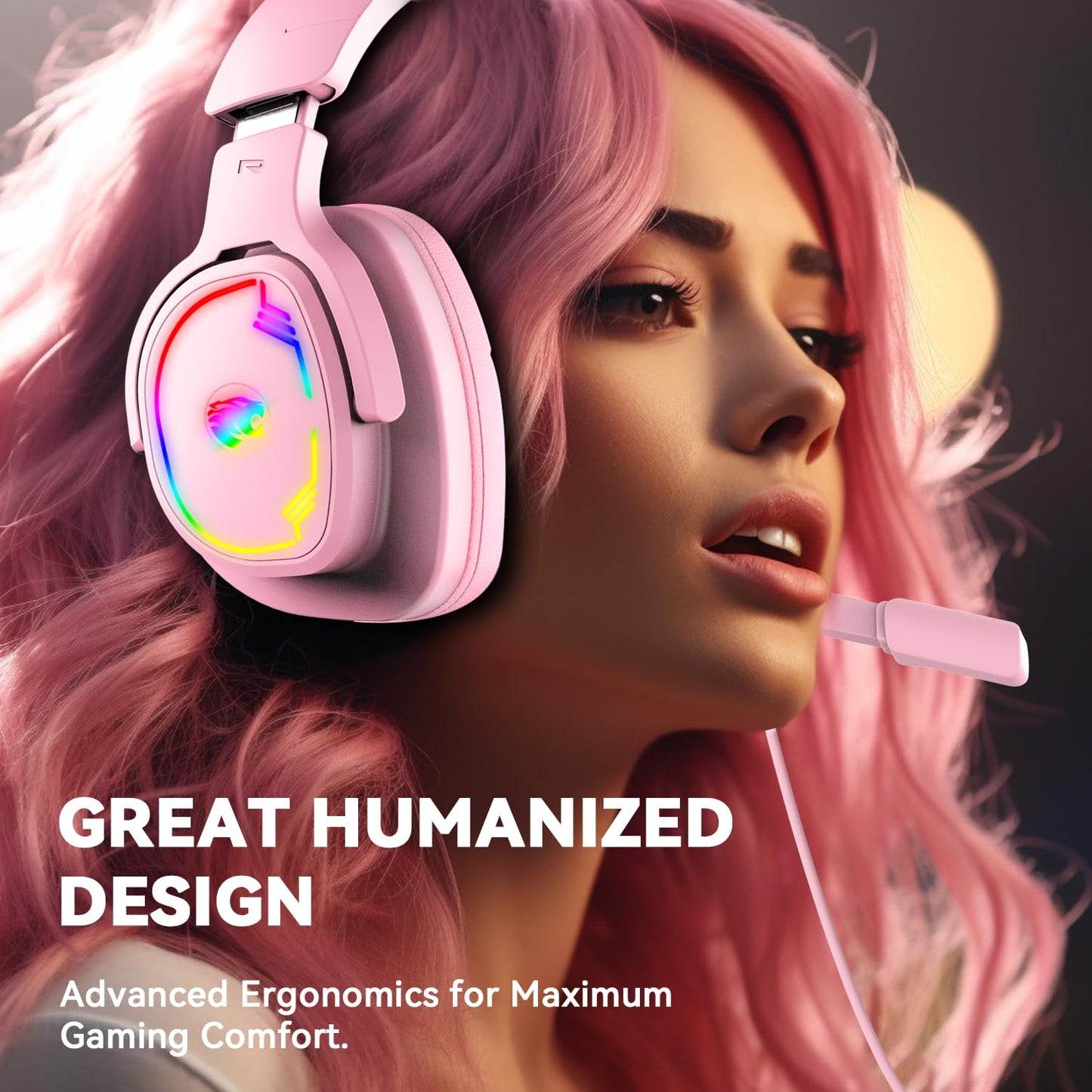 Jimonyer Gaming Headset for PC/PS4/PS5/Xbox One/Switch, Stereo Surround Sound Gaming Headphones with Noise Canceling Flexible Mic, Computer Headset with 3.5mm Jack & RGB Light (Pink)
