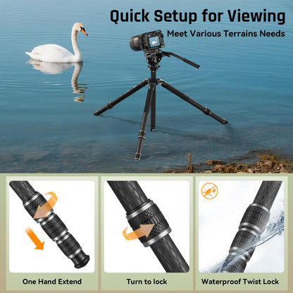 SPORTICH SP124+BX5 Optics Carbon Fiber Tripod with Fluid Pan Head, 62.2" Travel Tripod with Center Column, Binocular Adapter, for Binoculars, Spotting Scopes, Cameras, Max Load 26lbs