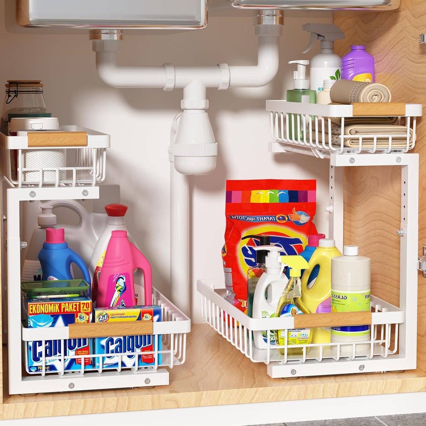 Liuoud Under Sink Organizer - 2 Pack Adjustable 2-Tier Storage Solution for Kitchen & Bathroom Cabinets, White