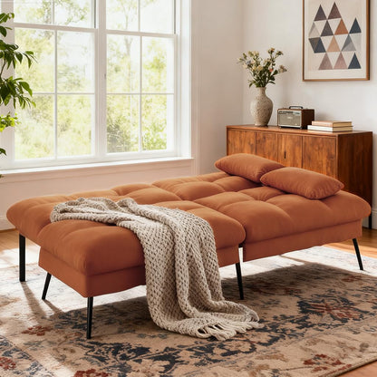COMHOMA 72″ Futon Sofa Bed,Convertible Fabric Futons Couch with Adjustable Backrest, Folding Sleeper Recliner for Living Room Furniture (Orange)