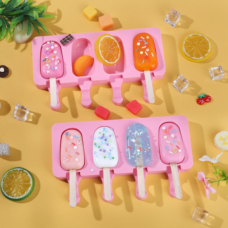 Ouddy Life Popsicle Molds Set of 2, Ice Pop Molds Silicone 4 Cavities Ice Cream Mold Oval Cake Pop Mold with 50 Wooden Sticks for DIY Popsicle, Pink