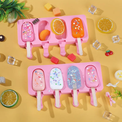 Ouddy Life Popsicle Molds Set of 2, Ice Pop Molds Silicone 4 Cavities Ice Cream Mold Oval Cake Pop Mold with 50 Wooden Sticks for DIY Popsicle, Pink