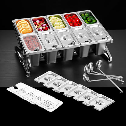 SHPii Two Tier Adjustable Stainless Steel Spice Organizer Set of 10 Pots with Spoons Commercial Kitchen Spice Rack Sauce Rack Buffet Counter Milk Tea Shop Multifunctional Shelf (Double Slant)