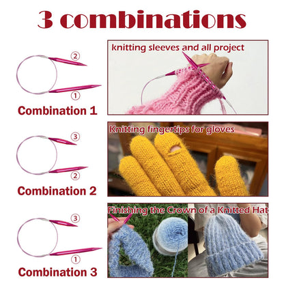 Lewhoo Circular Knitting Needles Set with Case,11 Pairs Interchangeable Aluminum Circle Needles with 5 Cables 3.0~8.0mm Multicolored
