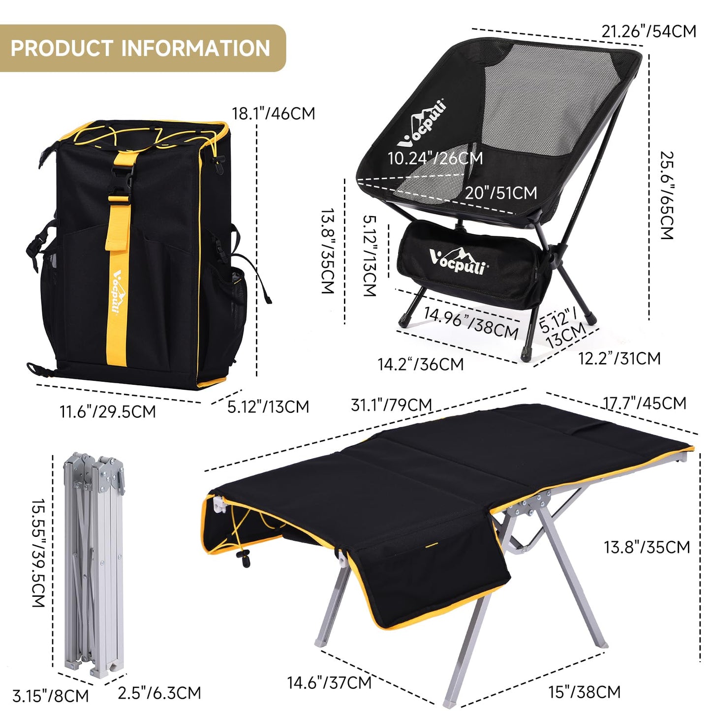 Vocpuli Camping Backpack - Aviation Aluminum Table Frame + 2 Folding Camping Chairs,+ Convertible Backpack Tabletop, Quick Setup&Portable,Camping Gear,Gifts for Camping, Picnic, Beach (Black)