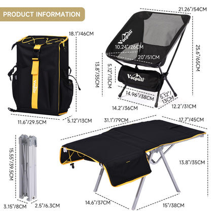 Vocpuli Camping Backpack - Aviation Aluminum Table Frame + 2 Folding Camping Chairs,+ Convertible Backpack Tabletop, Quick Setup&Portable,Camping Gear,Gifts for Camping, Picnic, Beach (Black)