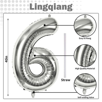 40" Silver Number 6 Balloon for Girls Boys, Large Self Inflating Helium Foil Number Balloons Set 0-9 for Women Men 6th 16th 60th Birthday Anniversary Wedding New Year Party Decorations Supplies