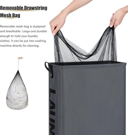 DOKEHOM Slim Laundry Basket - 27.5-Inch Rolling Hamper with Removable Wash Bag | Grey, Foldable Design