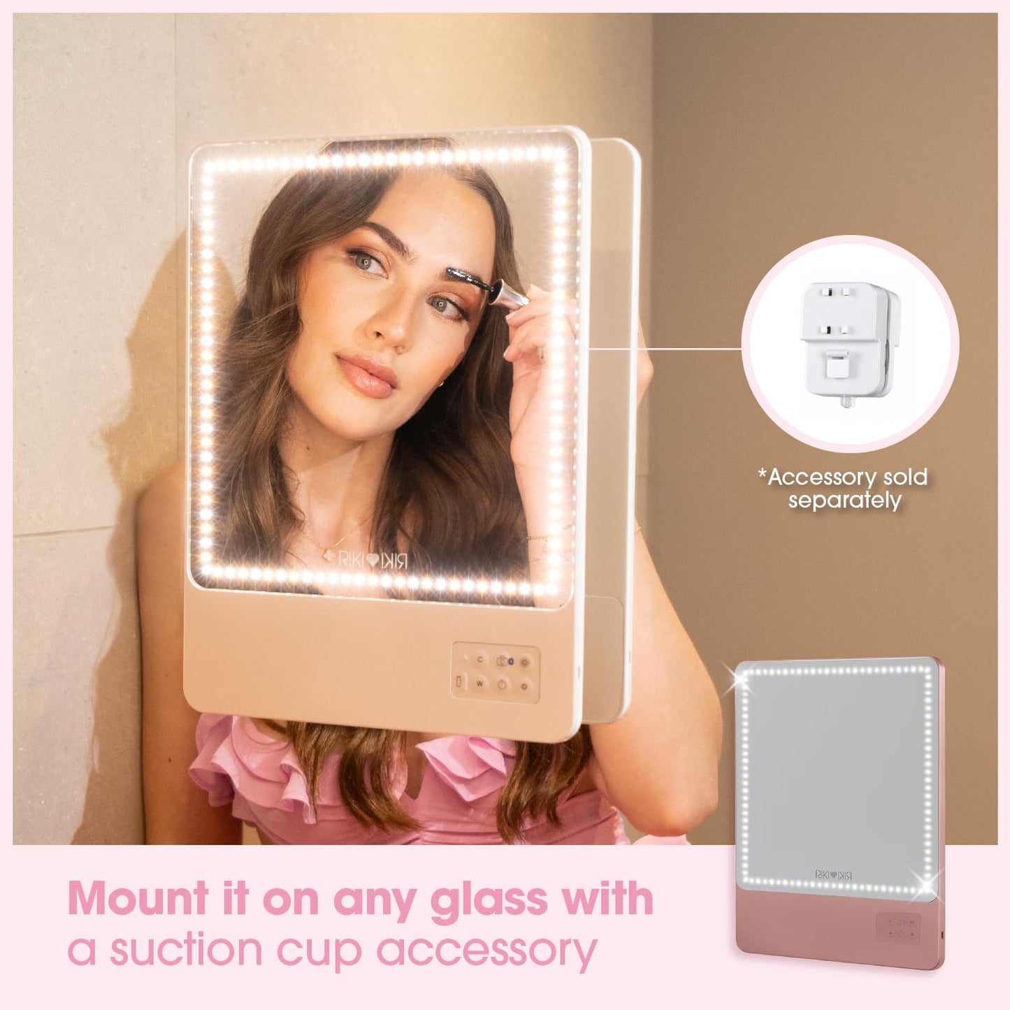 RIKI LOVES RIKI Skinny Lighted Vanity Mirror – Rechargeable Makeup Mirror with Adjustable Warm & Cool Lighting, 10X Magnifying Mirror, Phone Holder, Bluetooth Selfie, Portable Travel Mirror