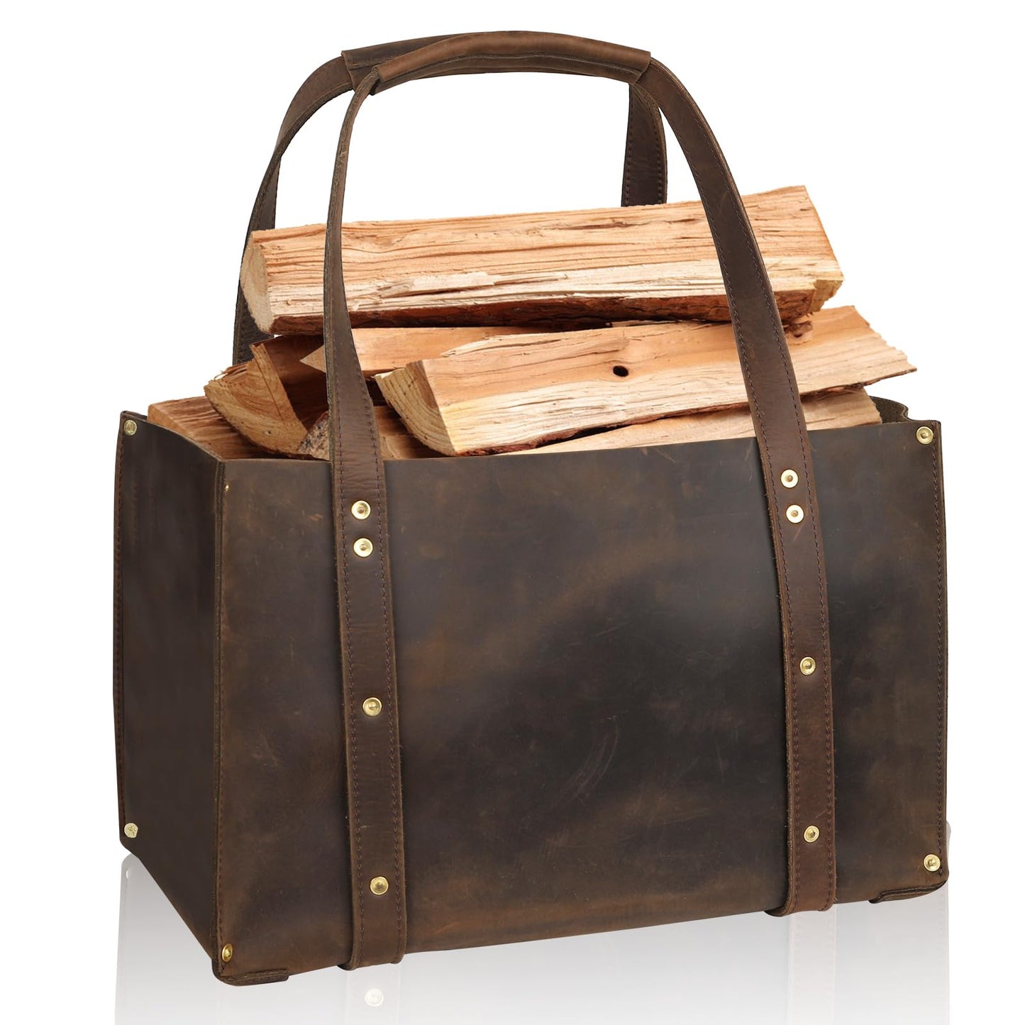 Woodman's Premium Cowhide Leather Log Carrier, Handcrafted Heavy-Duty Firewood Bag for Outdoor Camping, BBQ
