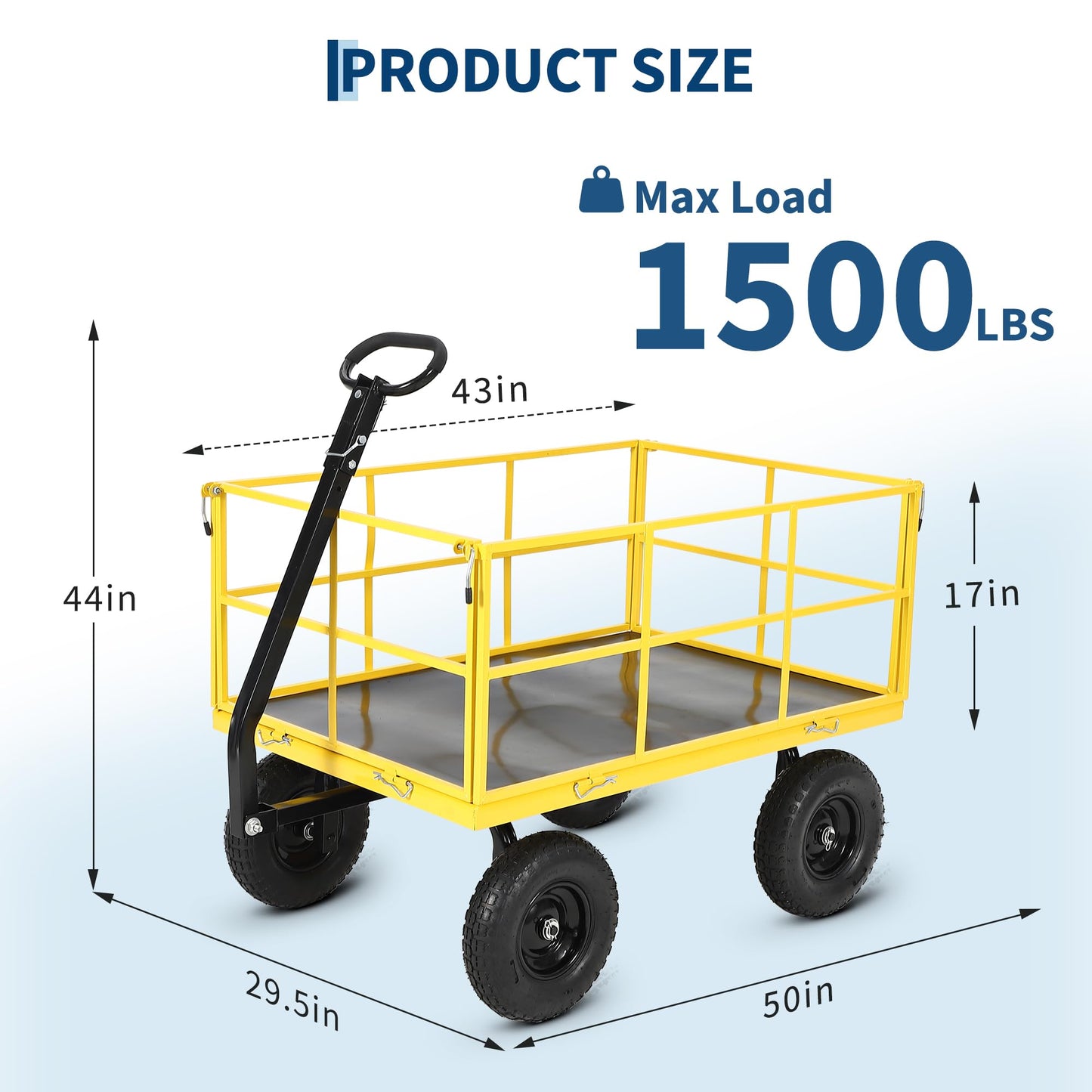 Heavy Duty 1500 Lbs Steel Garden Cart – 3-in-1 Utility Wagon & Trailer with Removable Mesh Sides, 13" All-Terrain Tires, 180° Rotating Handle for Lawn, Yard, Gardening Tasks, Outdoor Hauling
