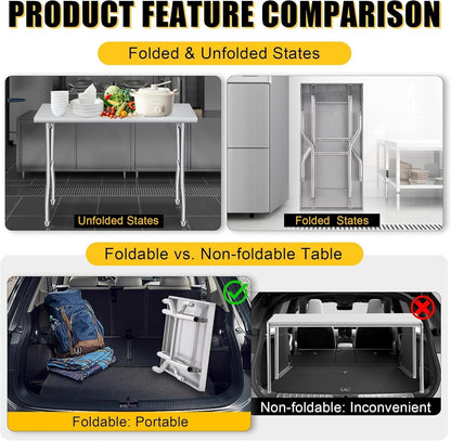 GlowSol Folding Stainless Steel Table 48 x 24 Inch, Metal Foldable Prep/Work Table, 1100 LB Load Capacity, No Assembly, Portable Workbench for Kitchen, Laundry, Restaurant, Camping, Garage