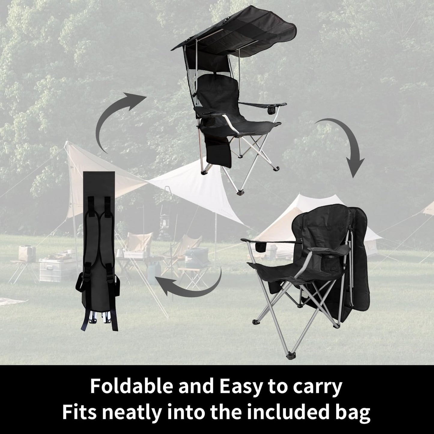 CAMP SOLUTIONS Portable Camping Chair with Canopy Shade- Folding Camping Lounge Chair with Cup Holder & Side Pocket for Outdoor Camping, Fishing, Beach - Support 330 LBS(BLACK-2PK)