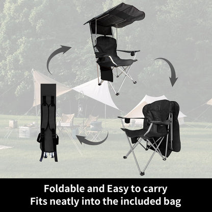 CAMP SOLUTIONS Portable Camping Chair with Canopy Shade- Folding Camping Lounge Chair with Cup Holder & Side Pocket for Outdoor Camping, Fishing, Beach - Support 330 LBS(BLACK-2PK)