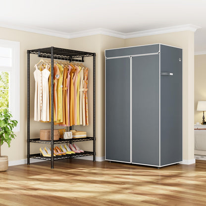 ULIFHOME H5C Clothes Rack with Cover, Portable Closet for Hanging Clothes, Covered Clothing Racks Heavy Duty, Garment Racks with Shelves, Max Load 360LBS, Black Closet Rack with Gray Cover