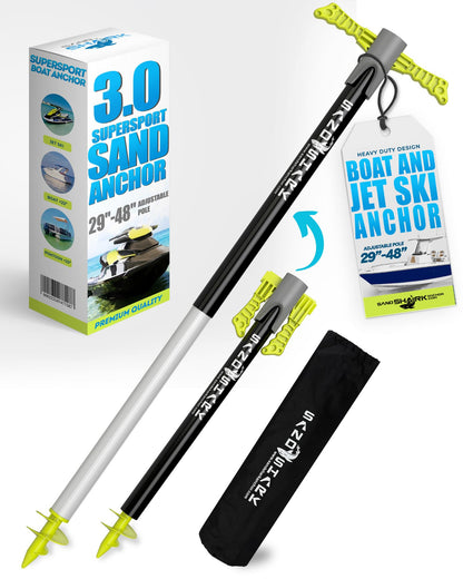 SandShark Patent Pending Supersport 3.0 Boat Anchor - Shallow Water Anchor Pole - Great Jet Ski, PWC, Pontoon Boat Accessories for Beach and Sandbar - Adjusts 29"-48" w/Case