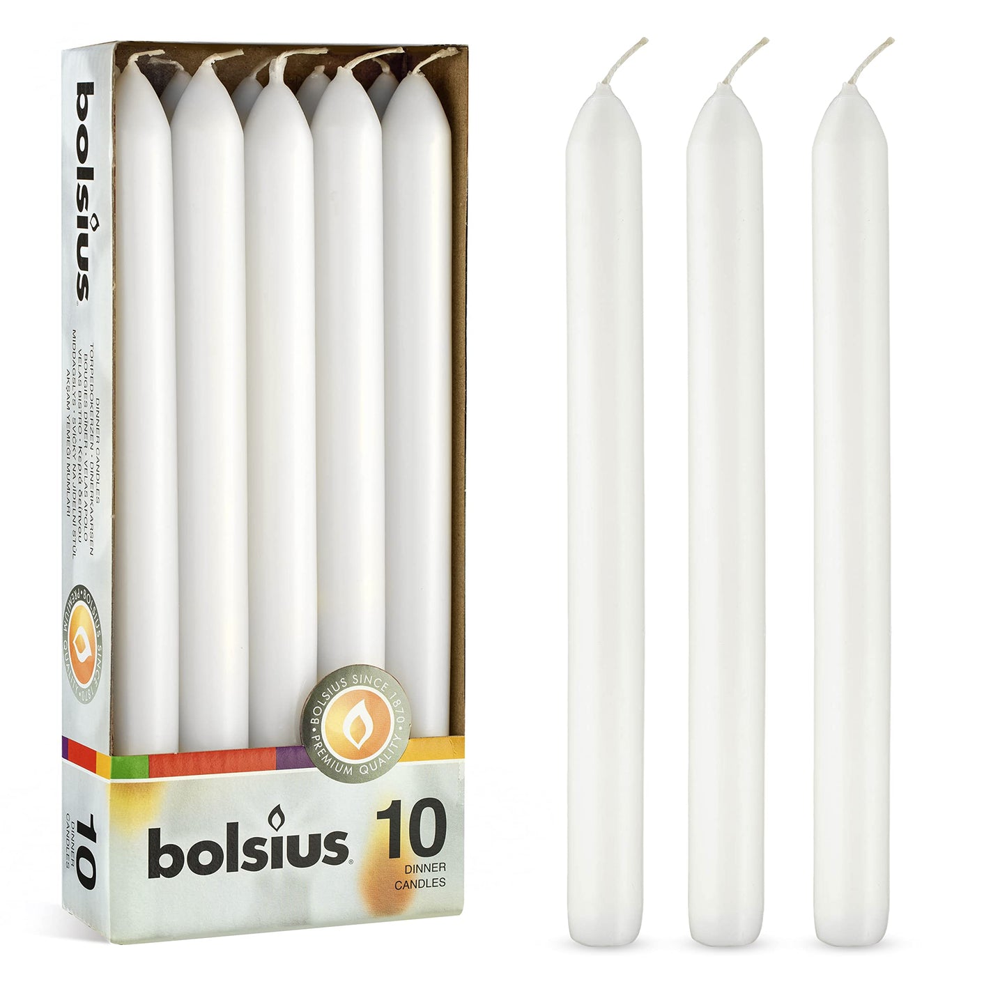 BOLSIUS White Candles 10 Pack - 9 Inch Straight Taper Candle Set - 8 Hour Candlesticks - Fits Most Standard Candle Holders - Premium European Quality - Household, Dinner, Wedding, & Party Candlesticks