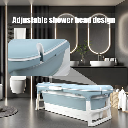 Fukursul 50" Large Folding Bathtub for Adults – Portable PP Tub with Back Cushion, Storage Basket & Thermal Cover, for Hot Bath or Ice Plunge (Blue-5, 50in)