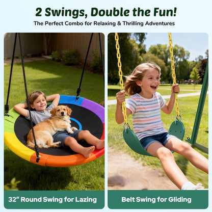 Trekassy 440lbs Capacity Swing Sets for Backyard - 2 Seat Outdoor Playset with Saucer & Belt Swing, Heavy-Duty A-Frame Metal Stand for Kids Family Fun (Patented)