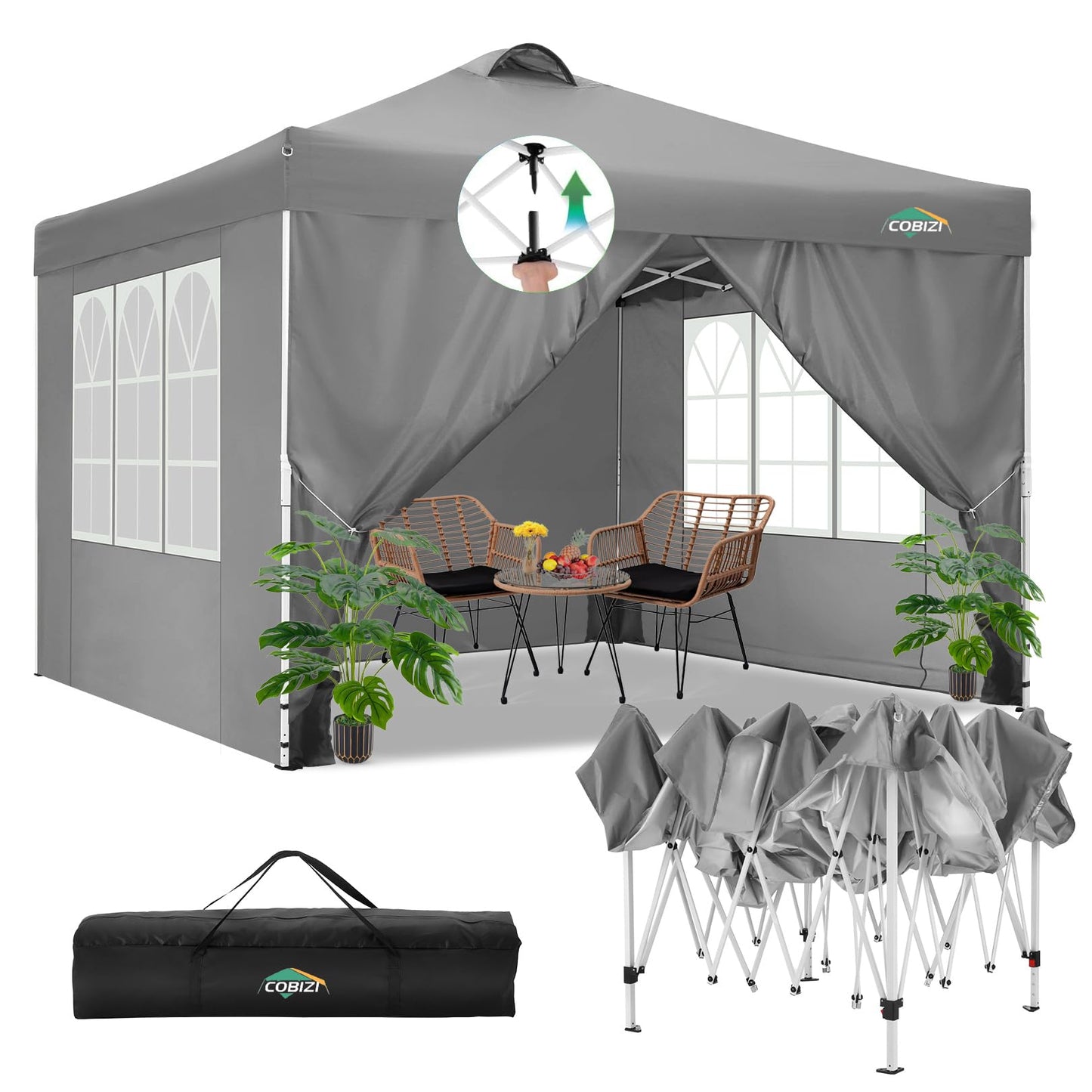 COBIZI Canopy 10x10 Pop Up Canopy Tent with 4 Sidewalls, One Push Party Tents for Parties Outdoor Wedding Waterproof Gazebo Commercial Event Tent with Sandbags, Pigeon Grey