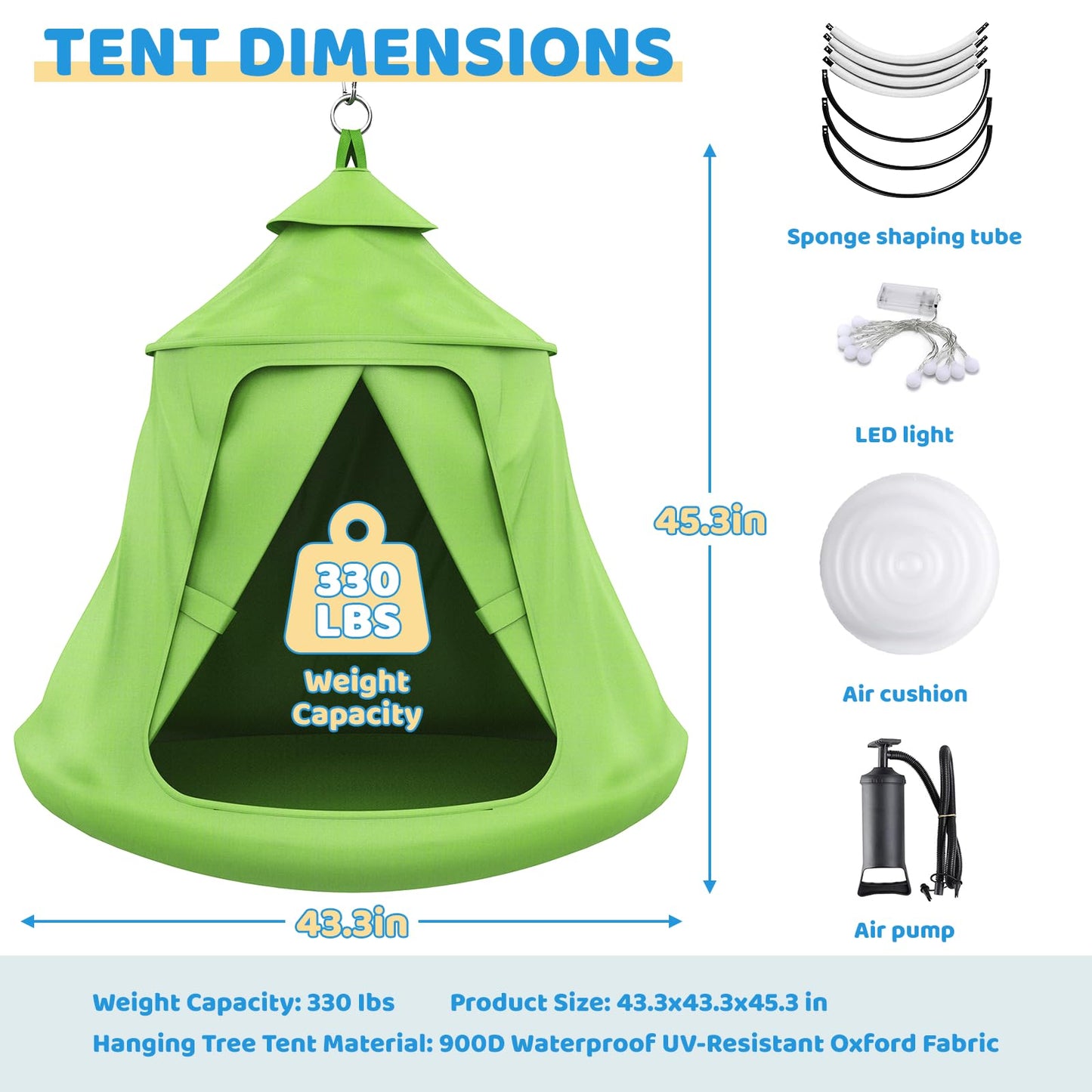 Swing Set with Tent Swing, X-Shaped Swing Frame with Sensory Swing, Tent Swing with Swing Stand, Hammock Chair with Stand, 330 lbs Capacity, w/Rainbow Lights String, Indoor/Outdoor Use(Green)