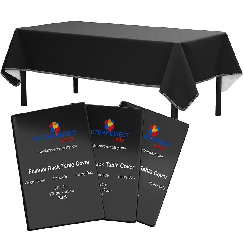 Exquisite Black Vinyl Tablecloths - 70 in. Round - Pack of 3 Round Tablecloth with Flannel Backing - Plastic, Reusable & Waterproof
