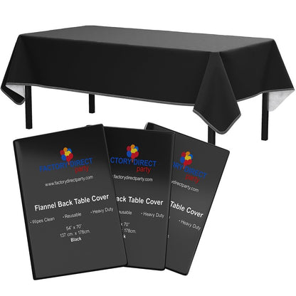 Exquisite Black Vinyl Tablecloths - 70 in. Round - Pack of 3 Round Tablecloth with Flannel Backing - Plastic, Reusable & Waterproof