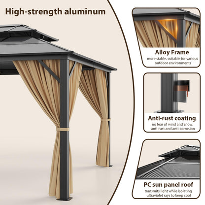 10' X 12' Hardtop Gazebo Canopy, Double Roof Canopy with Netting and Curtains, Outdoor Aluminum Frame Pergola, Heavy Duty Permanent Metal Pavilion for Patio Deck Backyard, Khaki