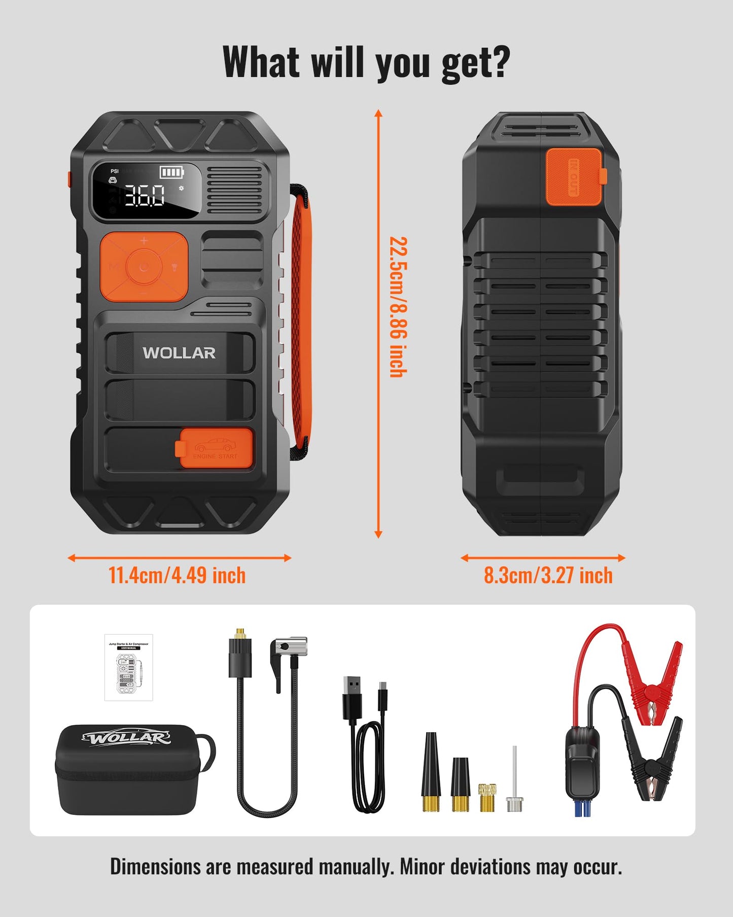 WOLLAR 4000A Peak Jump Starter with Dual-Cylinder Air Compressor - 5-in-1 Car Battery Jumper Starter, 12V Portable 160PSI Ultra-Fast Tire Inflator, 24000mAh 88.8Wh Jump Box for 10L Gas/Diesel Engines
