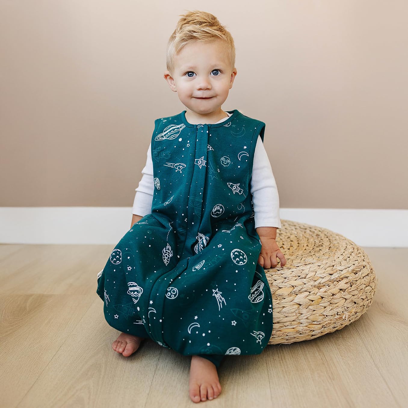 Woolino 4 Season Baby Sleep Bag or Sack with feet, Australian Merino Wool and Organic Cotton, Toddler Sleeping Bag, 18-36m, Space (Glow In The Dark)
