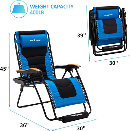 Amopatio Padded Oversized Zero Gravity Chair Set of 2 with Cup Holder, 30" Wide Folding Reclining Camping Lounge Chairs with Headrest/Footrest for Indoor and Outdoor, Support 400LBS,Blue