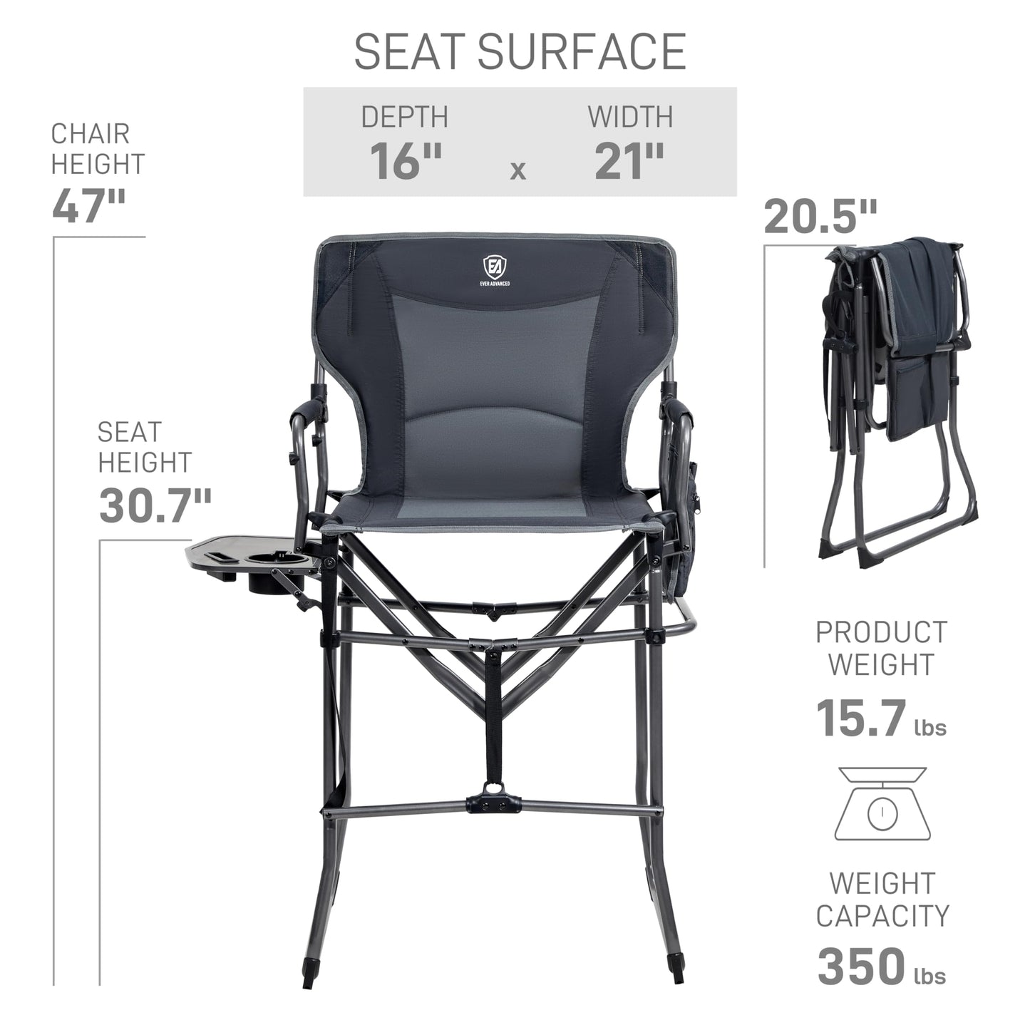 EVER ADVANCED Portable 30.7" Seat Height Tall Folding Camping Chair Directors Chair High Foldable Bar Stool with Side Table for Makeup Artist, Sports Event, Craft Show, Supports 350LBS
