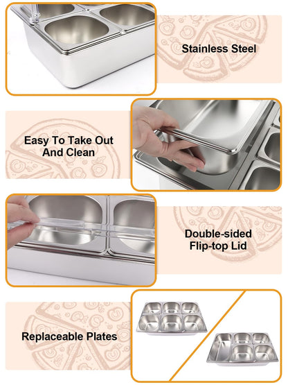 Kalolary Pizza Topping Storage Station, 7 Grids Stainless Steel Condiment Containers with Flip Lids Spoons Ice Box Food Tongs Ice Food Serving Display Container Salad Bar Buffet Station for Party