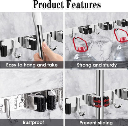 Skiennix Wall Mounted Broom and Mop Holder - Heavy Duty 5 Racks & 4 Hooks | Stainless Steel, Black