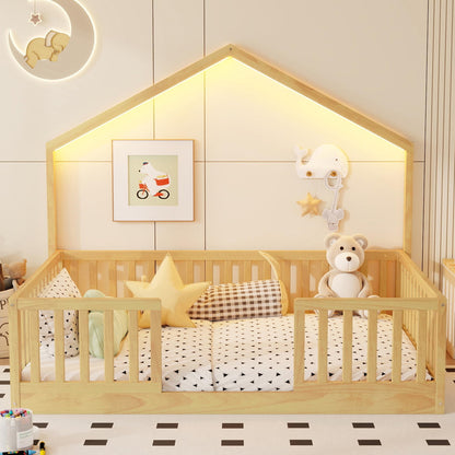KEIKI Full House Shaped Floor Bed, Kids Montessori Platform Bed Frame with Light & Tall Rails, Solid Beds Frames Full-Size for Boys Girls Bedroom, No Box Spring Needed, Easy Assembly, Brown