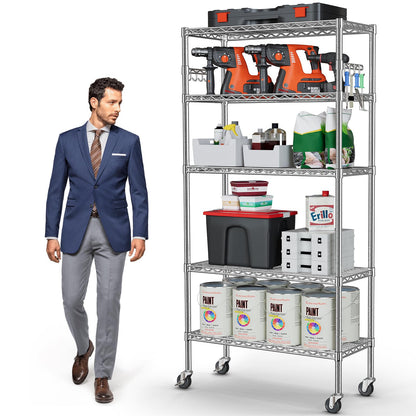 YNN Storage Shelves,1750Lbs 5 Tier Heavy Duty Metal Rolling Shelving Unit with Wheels & 8 Hooks, Adjustable Garage Wire Rack for Kitchen, Bathroom,Industrial,Pantry(36" W x 14" D x 72" H, Chrome)