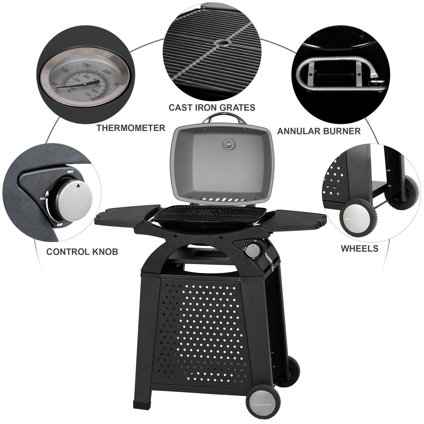 MASTER COOK Liquid Propane Grill BBQ Propane 2 in 1 Portable Tabletop Gas Grill Camping Barbecue Outdoor Cooking Grill with Cart, Black 18.7 x 14-inch 11,500 BTU