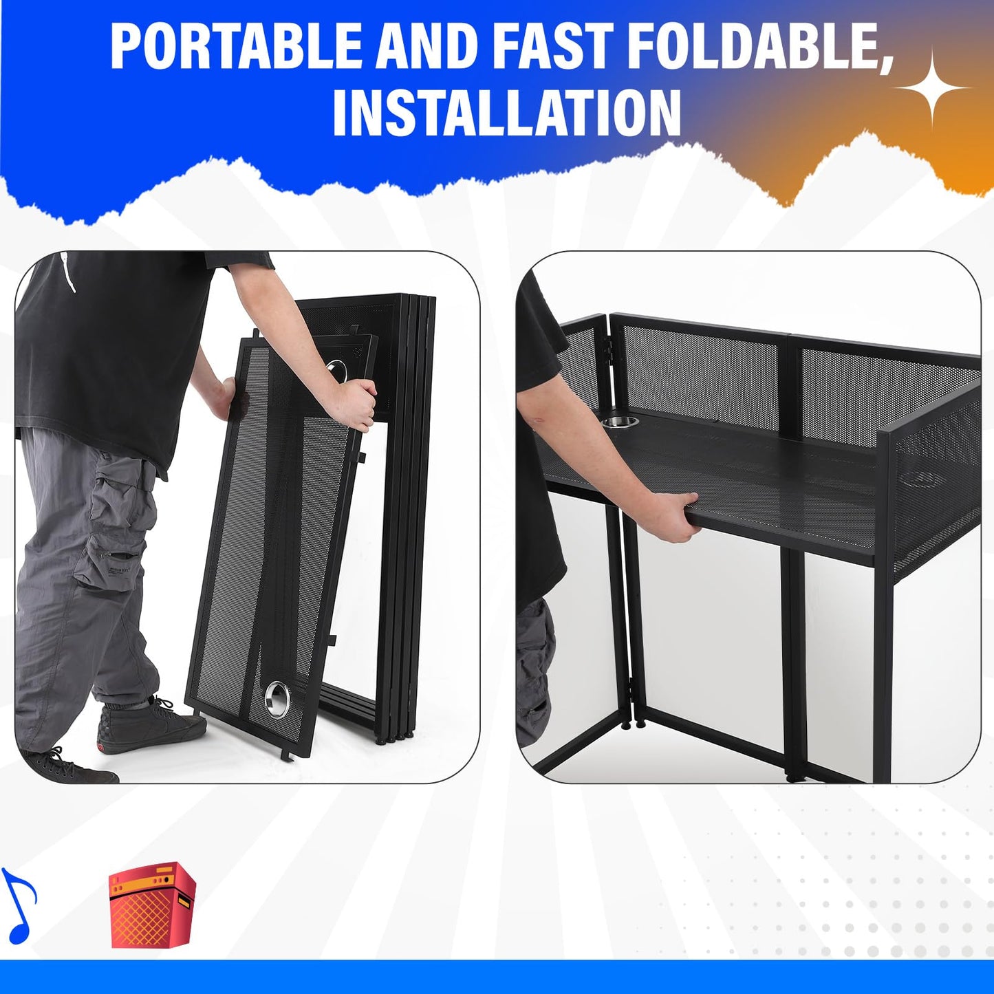 Portable DJ Facade Booth, Foldable DJ Table Station With White & Black Lighting Scrim,50"L x48" Hx 25"W DJ Stand Booth,With Adjustable DJ Event Facade Feet for Party, Black Metal Frame (52x 43.2 x 26)