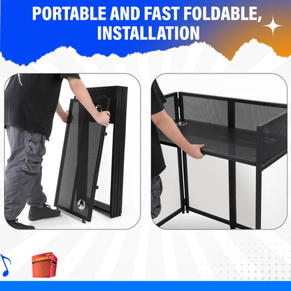Portable DJ Facade Booth, Foldable DJ Table Station With White & Black Lighting Scrim,50"L x48" Hx 25"W DJ Stand Booth,With Adjustable DJ Event Facade Feet for Party, Black Metal Frame (52x 43.2 x 26)