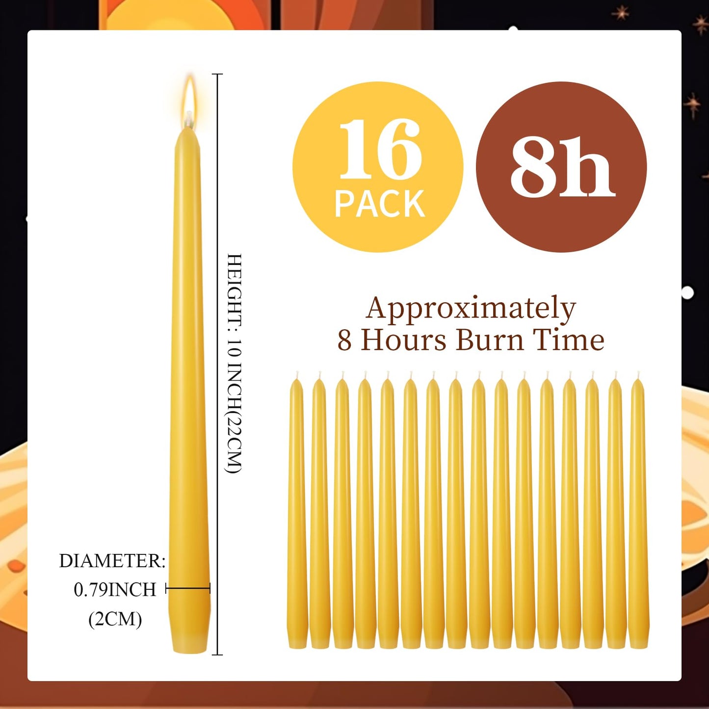 MTLEE 16 Pcs 10 Inch Long Tapered Candle Stick Bulk Smokeless Unscented Burning Candlestick Paraffin Wax with Cotton Wick for Valentine's Day Baby Shower Wedding Holiday Party Church (Yellow)