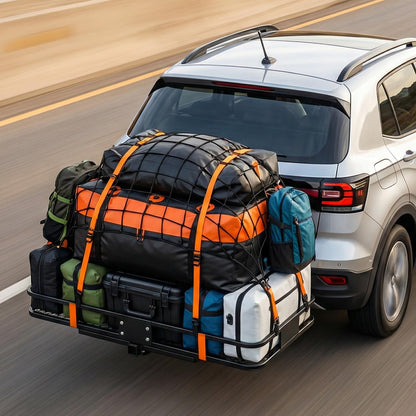 KMFurnila Folding Hitch Mount Cargo Carrier, 60.1" x 20" x 6" Steel Rack with 500 lbs Capacity, Includes Waterproof Bag, Cargo Net, Combination Lock, Straps and Hitch Stabilizer