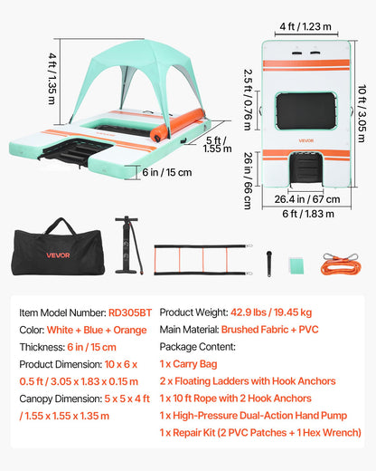 VEVOR Inflatable Floating Dock, 10 x 6 FT Inflatable Dock Platform, Non-Slip Water Air Mat with Portable Carrying Bag and Detachable Ladder, Floating Water Platform Island Raft for Pool Beach Ocean