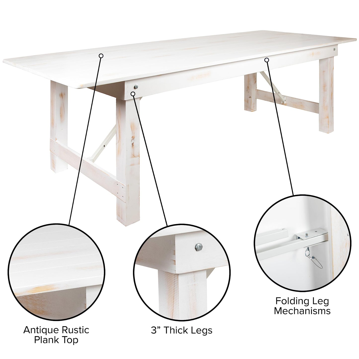 Flash Furniture Hercules Commercial Grade Farmhouse Dining Table | Solid Pine Foldable Table for 10 in Antique Rustic White | Rustic Charm for Home and Events