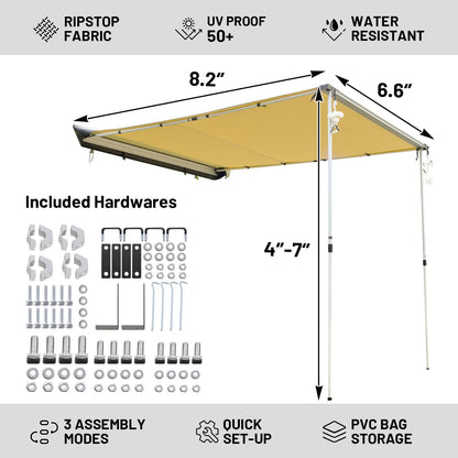 Timber Ridge Car Awning Camper Awning 8.2X6.5ft Truck Tent Waterproof PU10000mm UV50+ Rooftop Overland Camping, Retractable Side Tent Shade for Car/SUV/Truck/Van, Beige