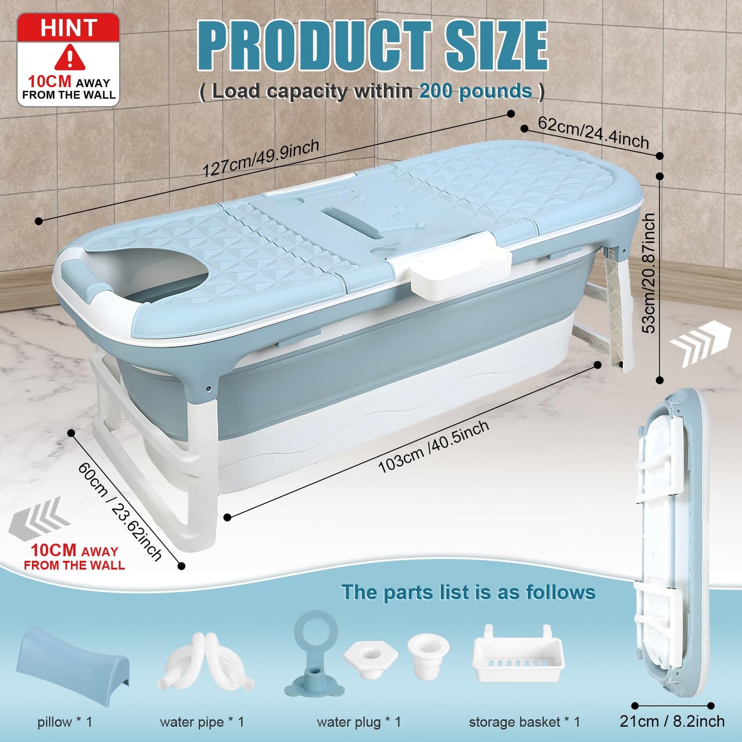 Portable Bathtub for Adults,Large 50 inch Collapsible Bathtub with Lid,Reusable Freestanding Foldable Tub,Collapsible Hot Ice Soaking Bath Tub for Small Space (50inch Blue)