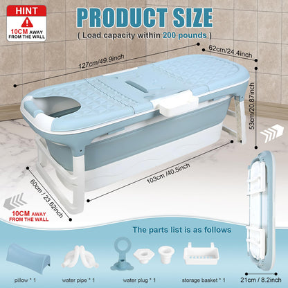 Fukursul 50" Large Folding Bathtub for Adults – Portable PP Tub with Back Cushion, Storage Basket & Thermal Cover, for Hot Bath or Ice Plunge (Blue-5, 50in)