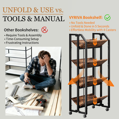 VYRIVA No Assembly Double-Sided Folding Bookshelf for Living Room, 4 Tier Collapsible Book Shelf for Home Office, Portable Bookcase Storage Organizer