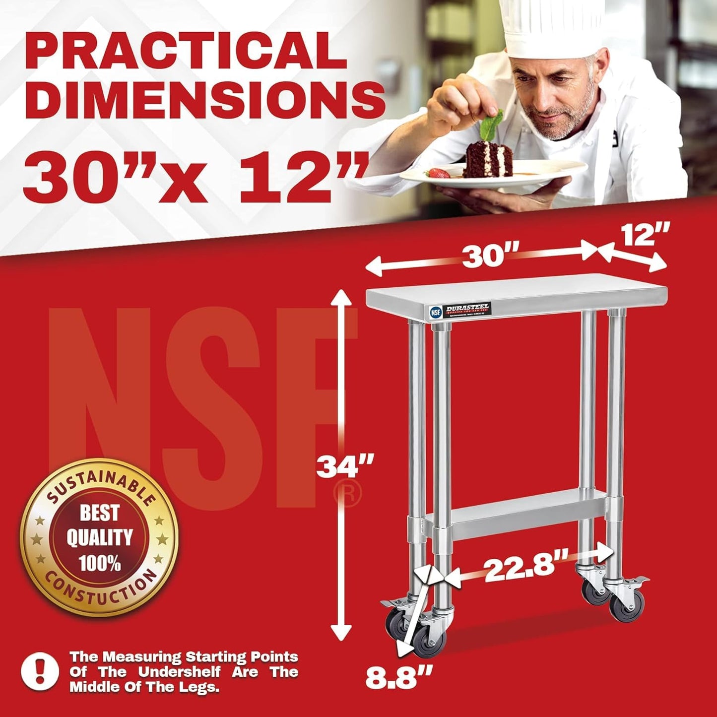 DuraSteel 30x12 NSF Stainless Steel Cart Work Table - Heavy Duty Rolling Food Prep Table - Metal Utility Cart on Wheels Caster, Grill Stand Microwave Outdoor Kitchen Tables Countertop Island Top Vevor